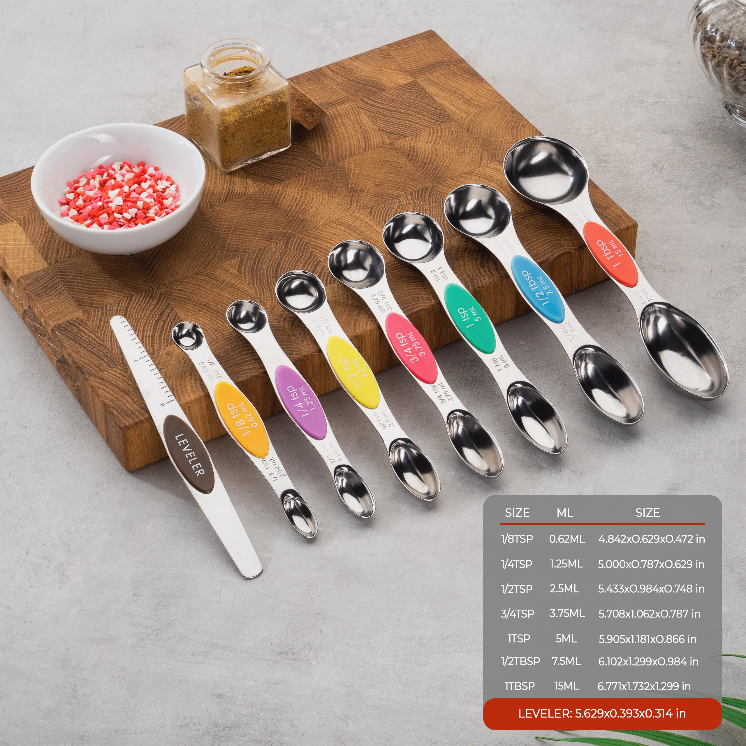 CH1EF dual-sided spoons closeup showing etched measurements for durable accuracy.