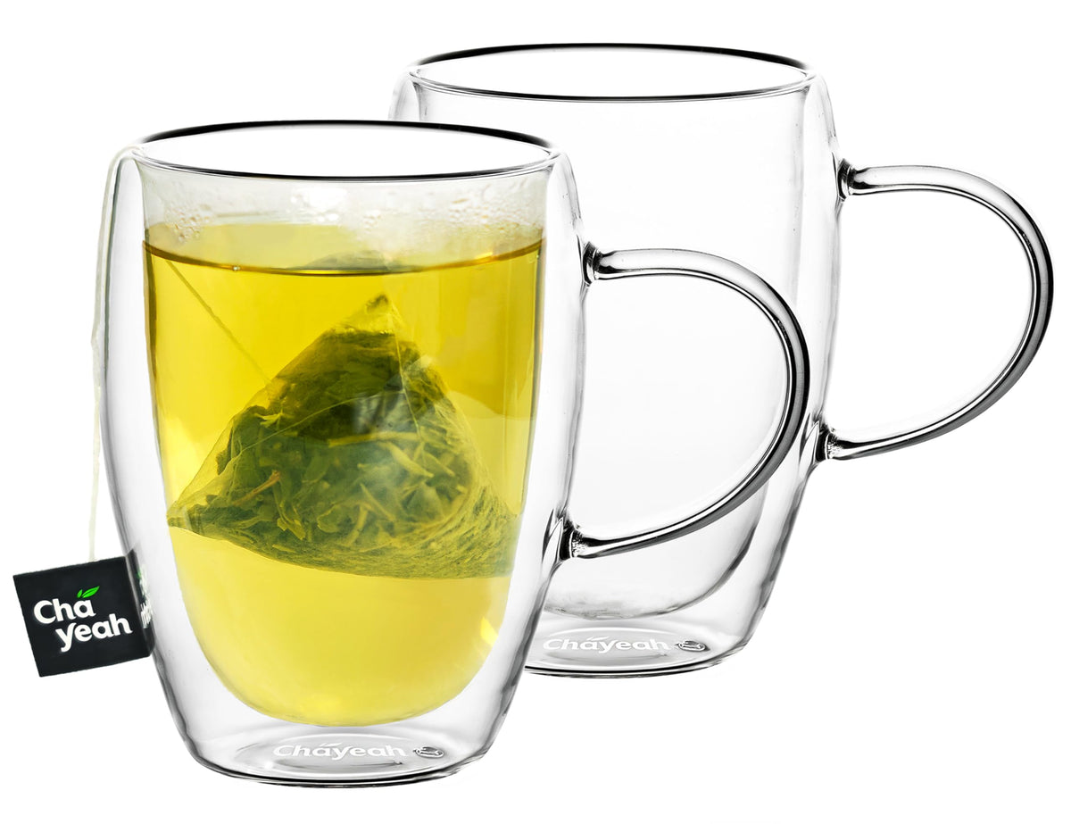 ChaYeah double-wall glasses with steaming tea show vivid color and aroma