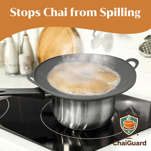 ChaiGuard boilover stopper vent controls steam to minimize spills.