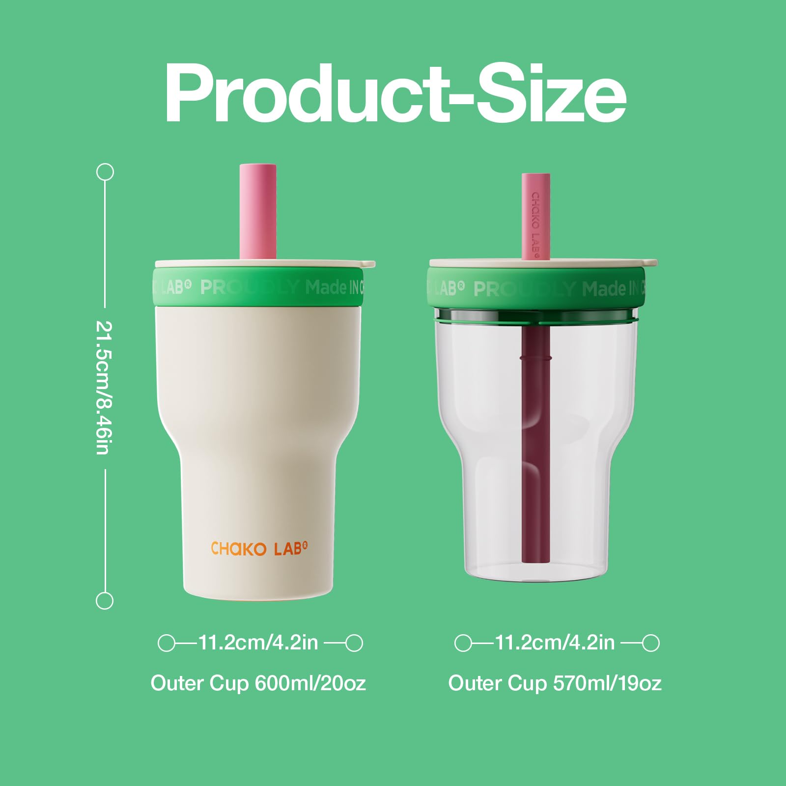 CHAKO LAB bottle in white-green designed to fit in car cup holders and go anywhere.