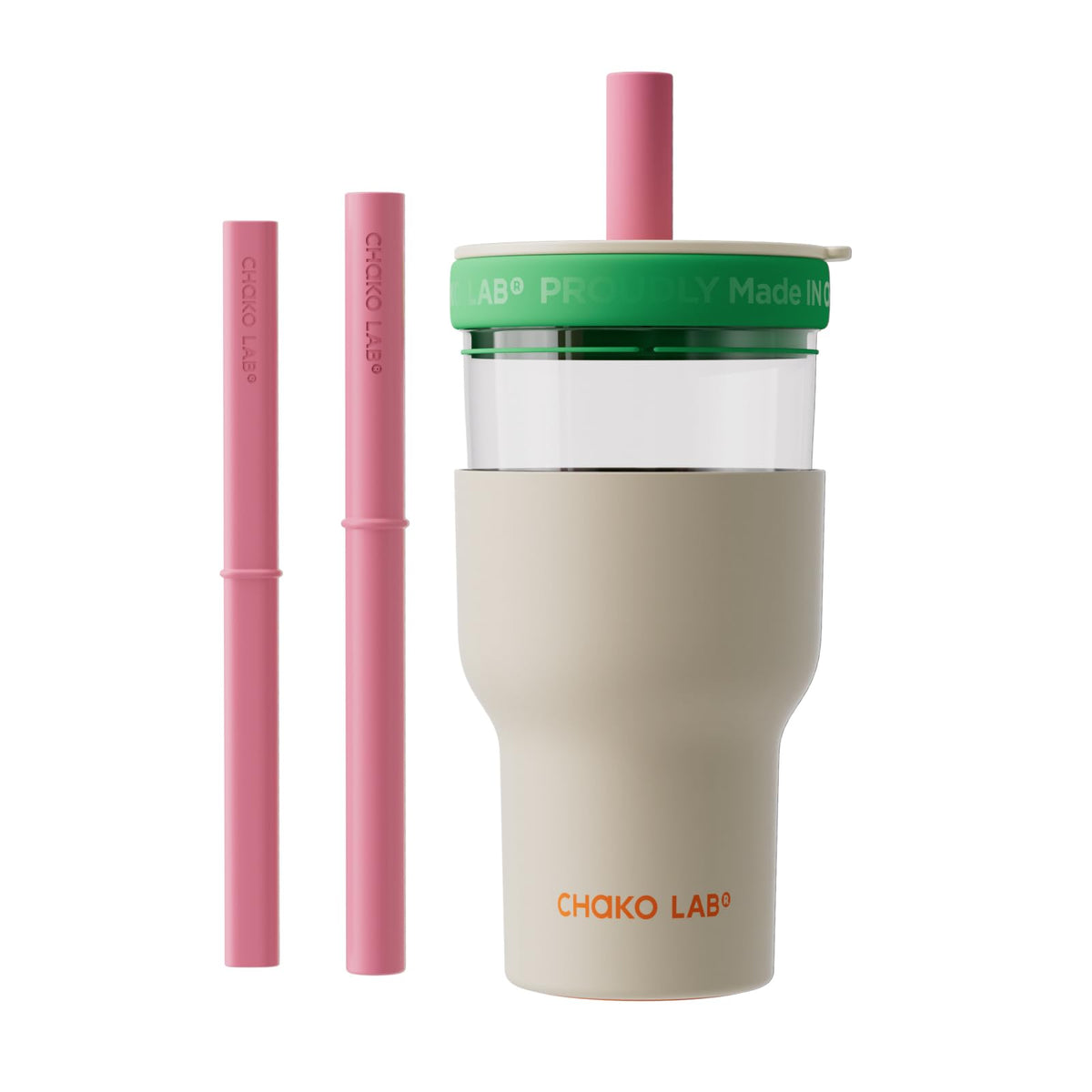 CHAKO LAB insulated bottle with glass inner in white and green for clean taste.