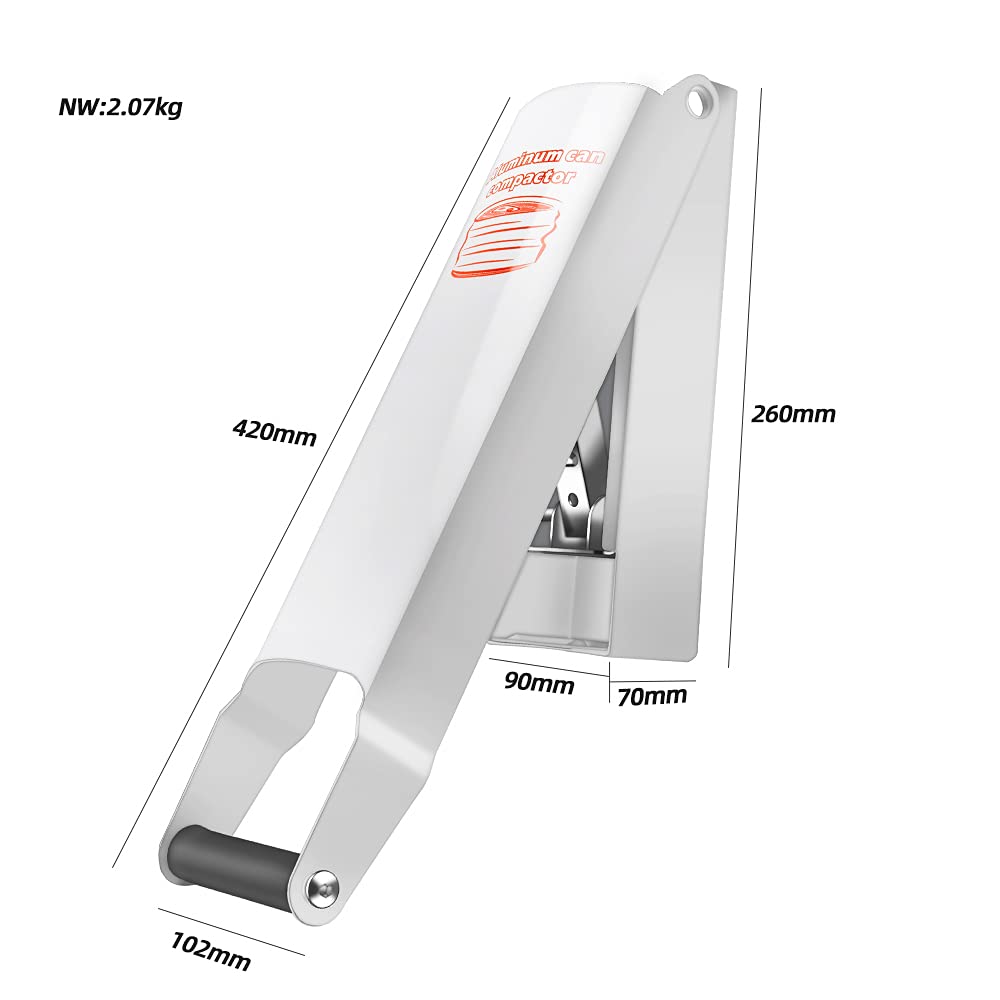 Close-up of the white handle on the Chambridge can crusher for easy operation.