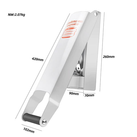 Close-up of the white handle on the Chambridge can crusher for easy operation.