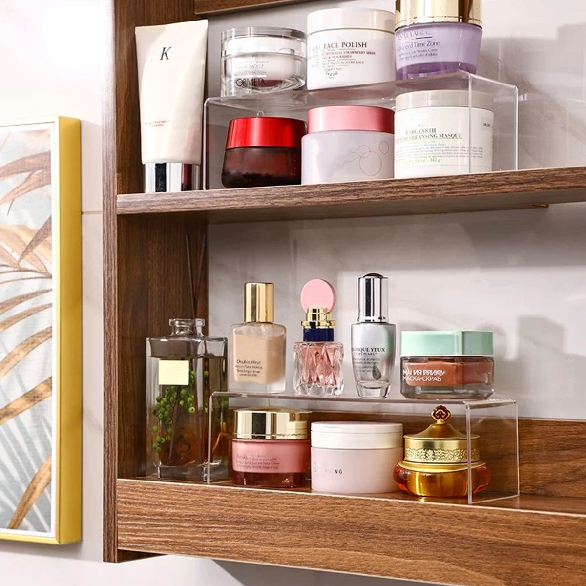 CHANNICORNER 2-pack acrylic cabinet organizer with two tiers for clutter-free storage.