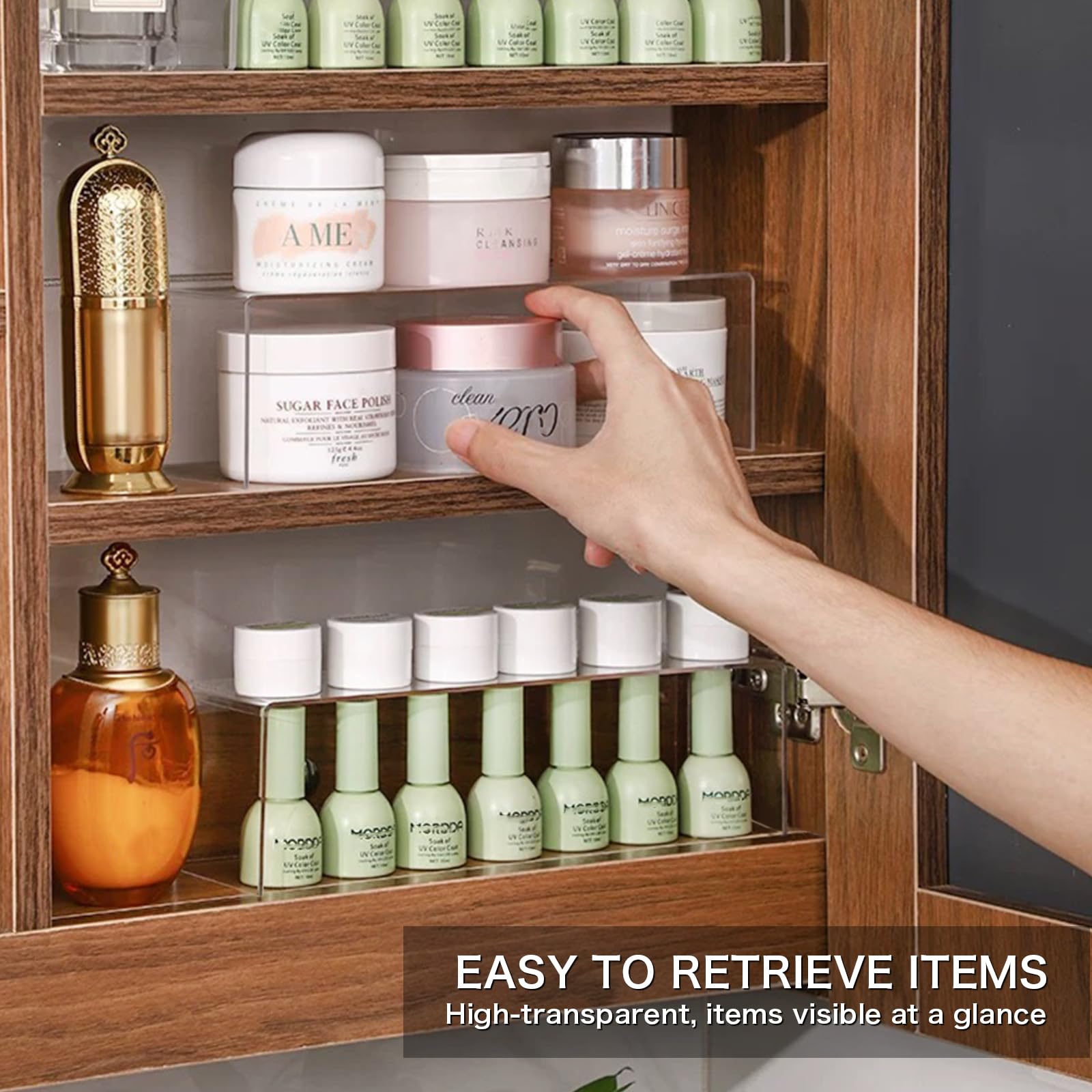 CHANNICORNER two-tier storage doubles available cabinet space on shelves.