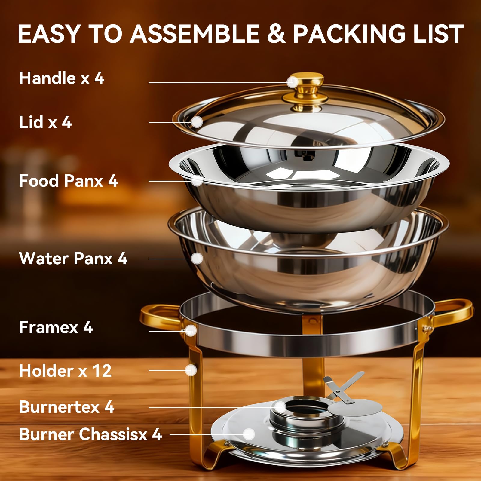 Charcofire gold-finish chafing dish adds glamorous buffet appeal