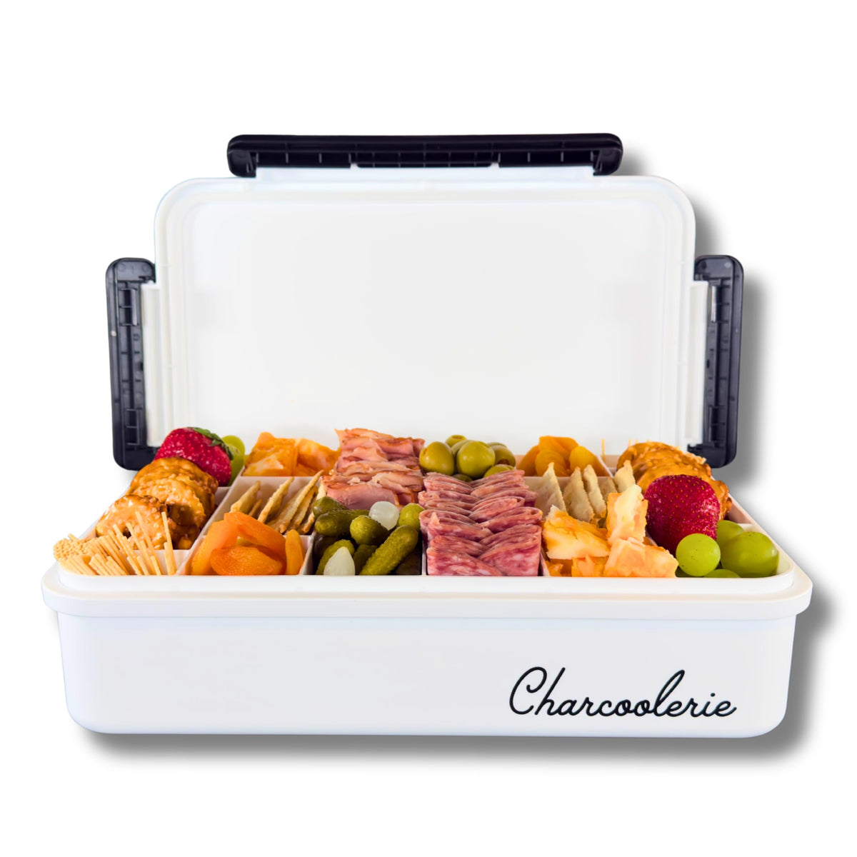 Charcoolerie chilled snack box front view with 16 compartments for organized snacks