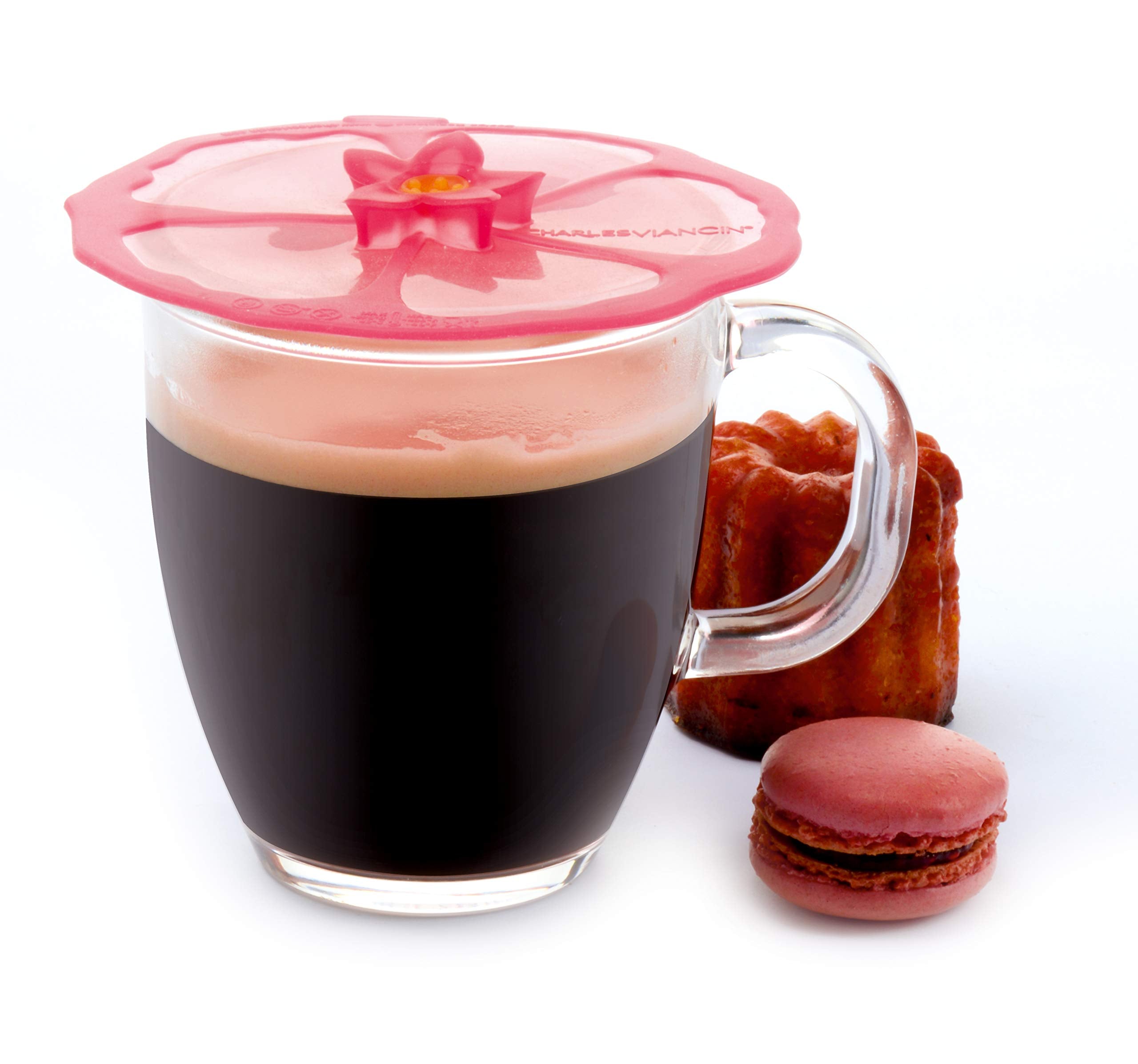 Charles Viancin Hibiscus cover on a ceramic mug forms airtight seal.