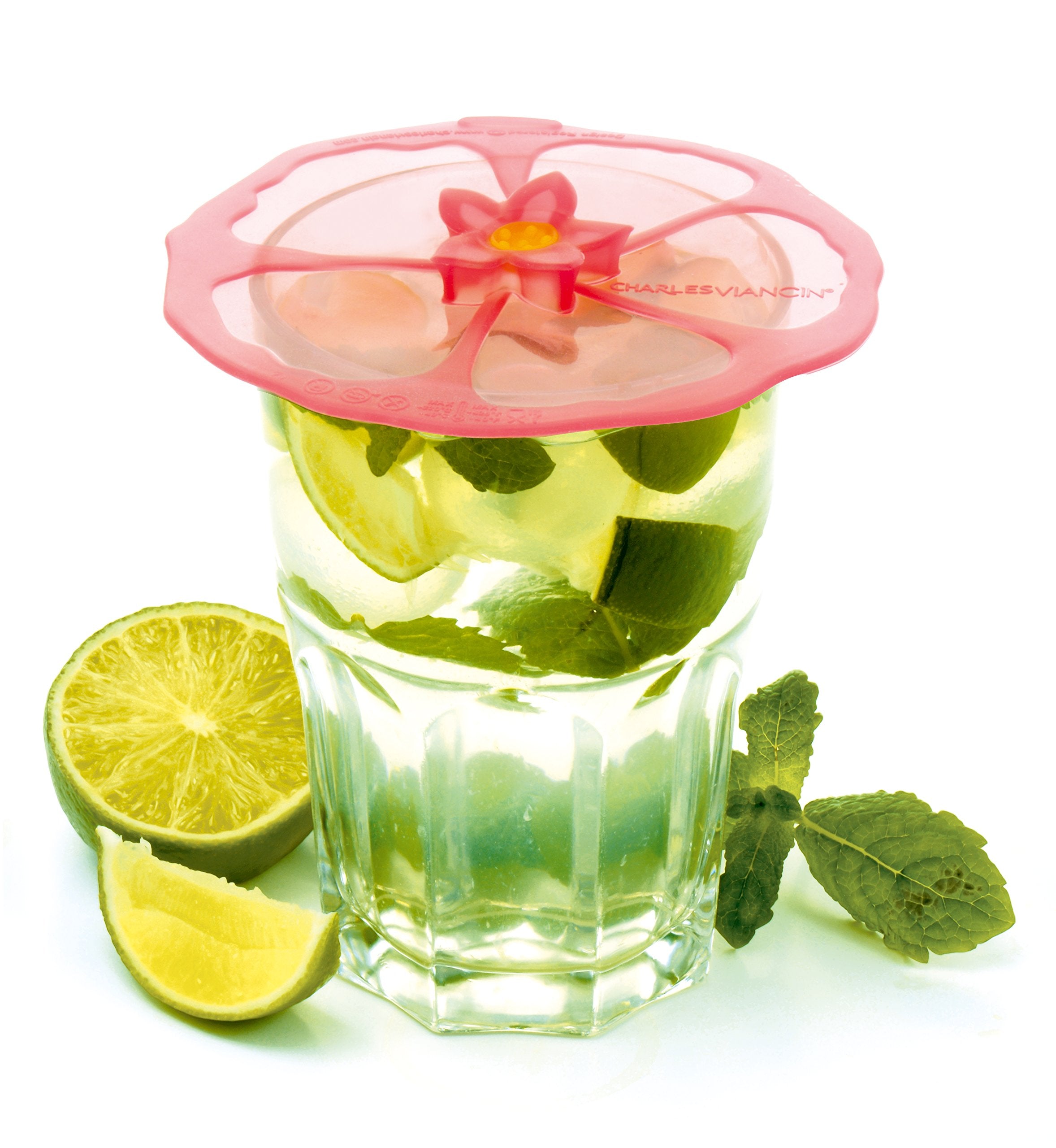 Charles Viancin Hibiscus cover protects cocktails on a patio from insects.