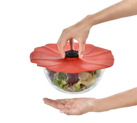 Charles Viancin Poppy lid on a glass bowl preserves ingredients and odors