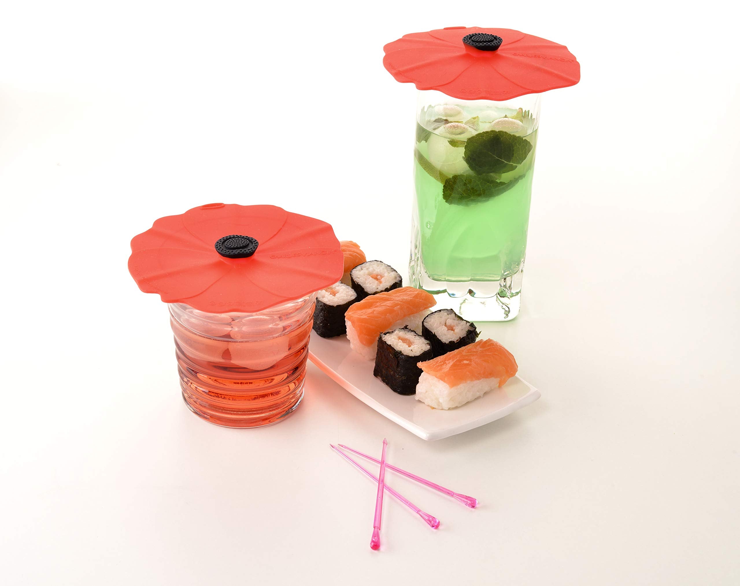 Charles Viancin Poppy lid showing airtight coverage on a glass