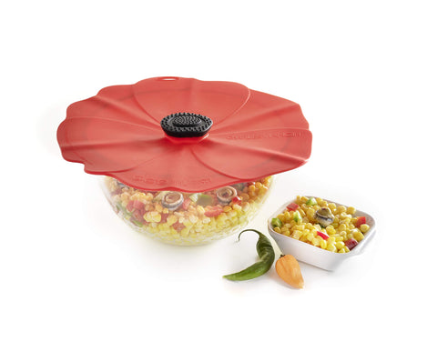 Charles Viancin Poppy silicone lid shown on a microwave-safe container.