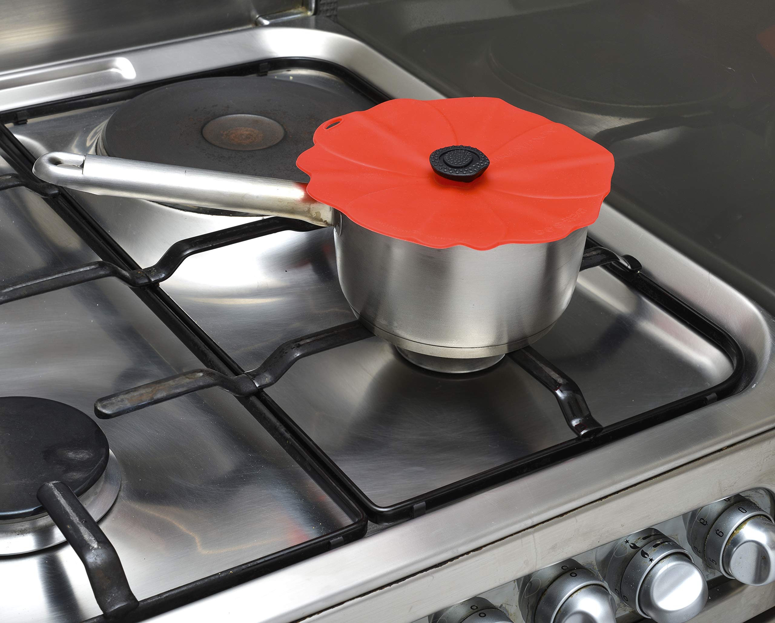 Charles Viancin Poppy lid placed on a pot for stovetop safety.