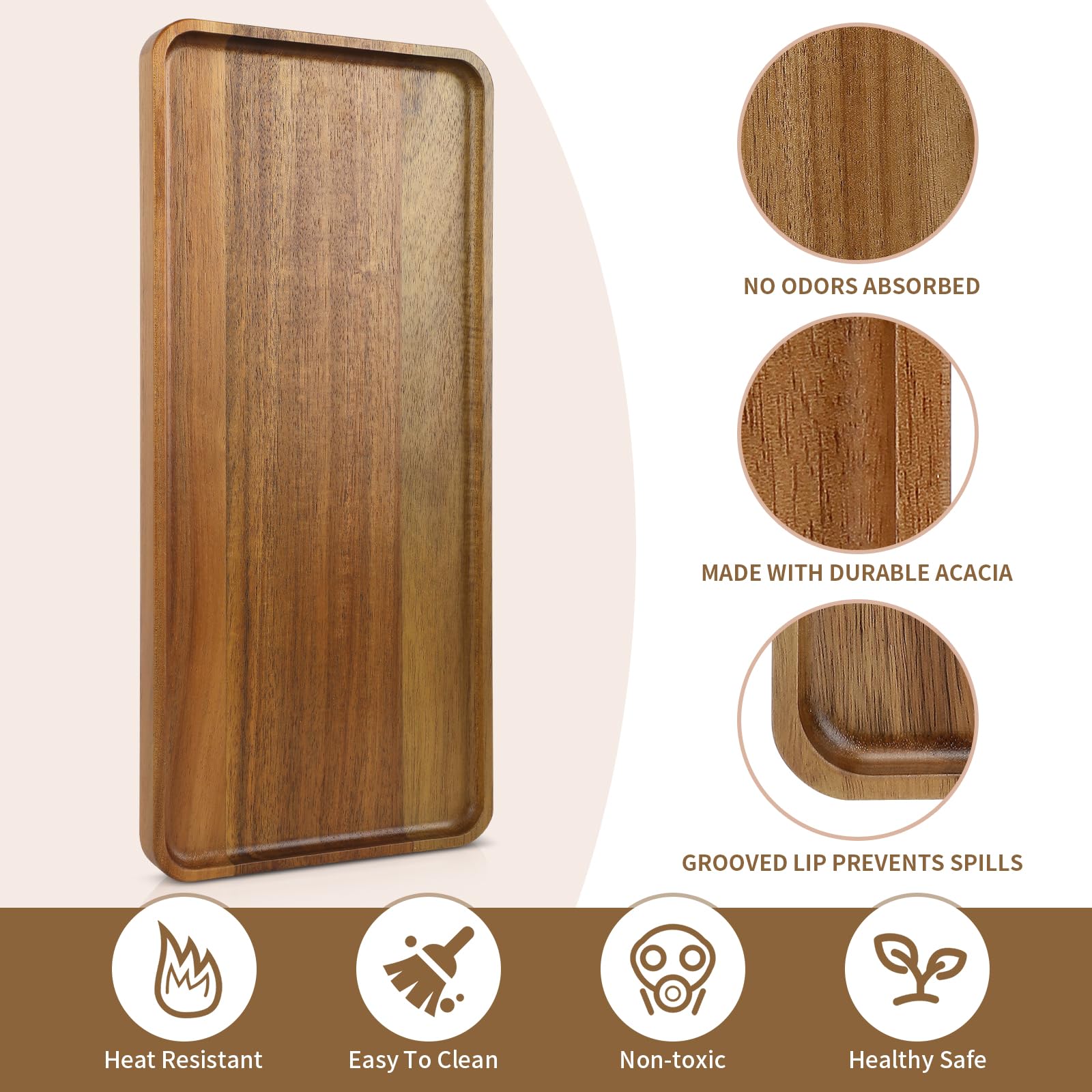 Charmlife acacia tray coffee table display featuring smooth surface and raised edge.