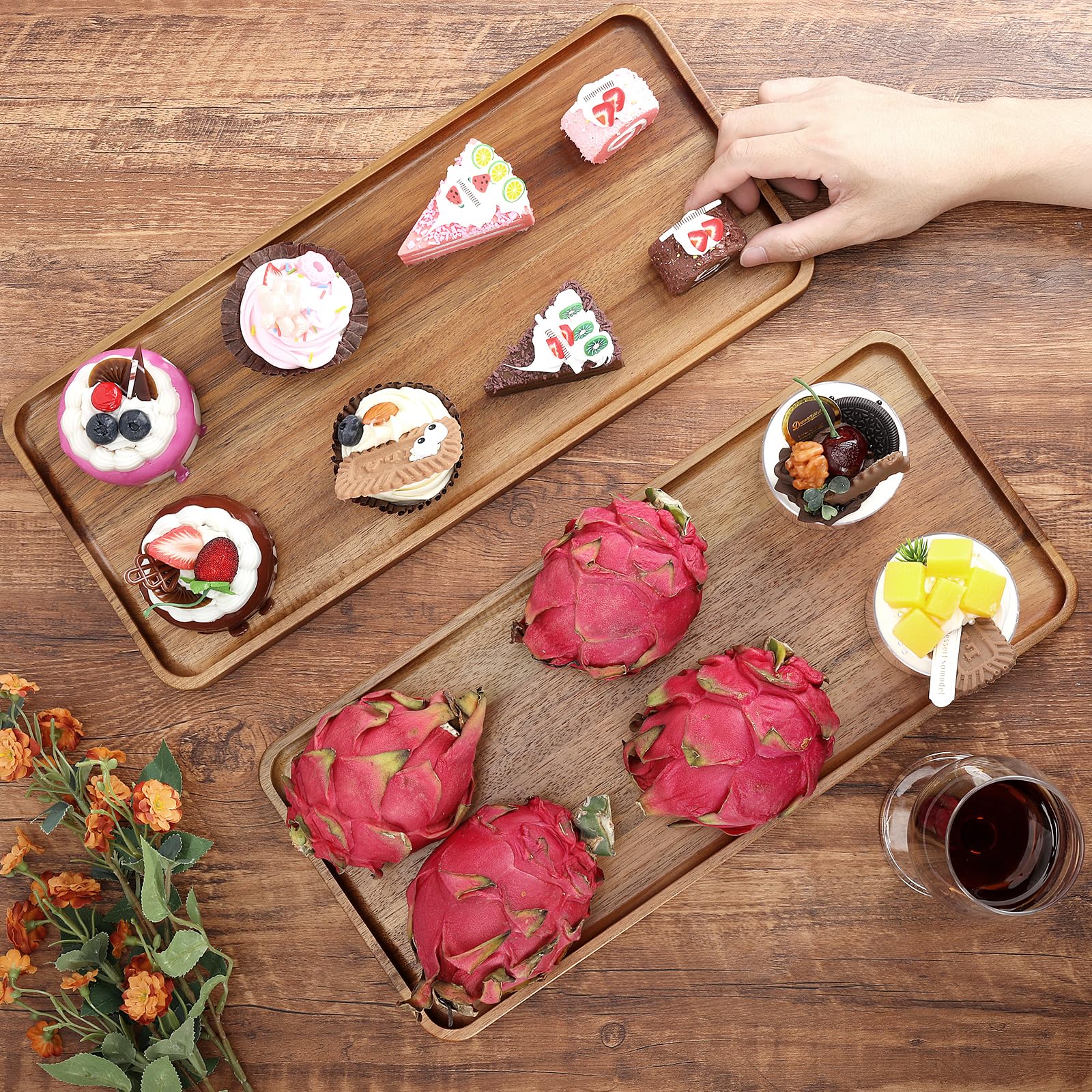 Charmlife acacia tray lifestyle shot for entertaining and bar service.