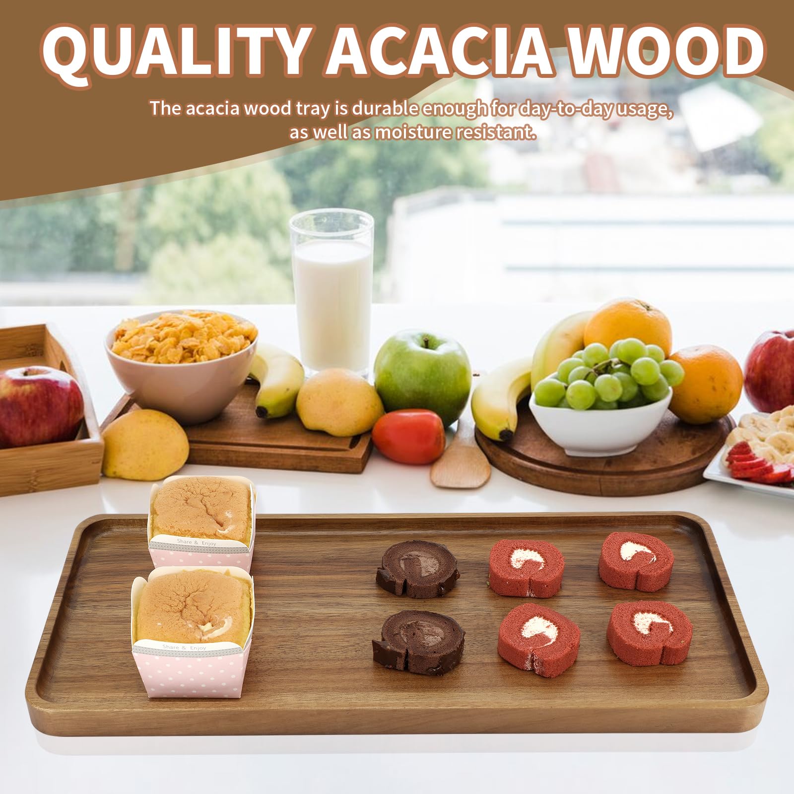 Charmlife acacia tray edge detail prevents spills and keeps items secure.