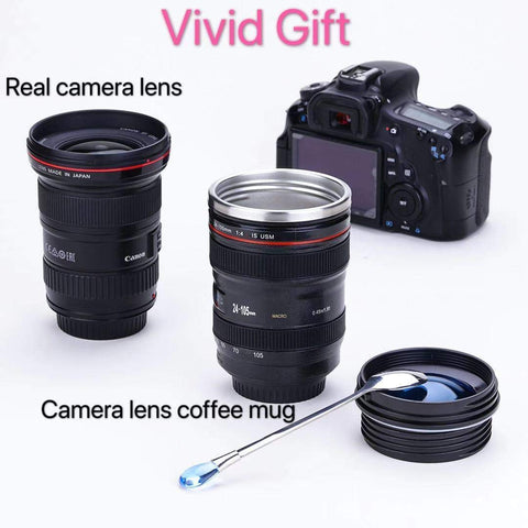 Chasing Y insulated stainless steel camera lens mug keeps drinks warm.