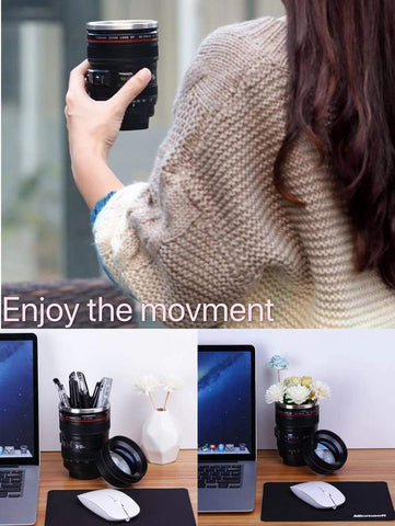 Chasing Y camera lens mug includes spoon for easy sipping.