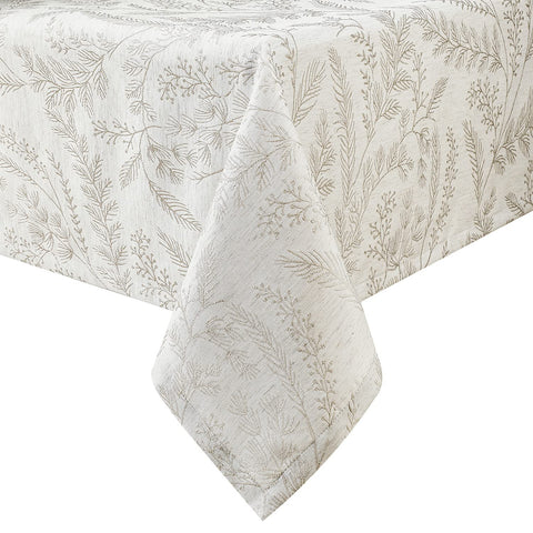 Chassic cream damask tablecloth on a full 8-foot table setup.
