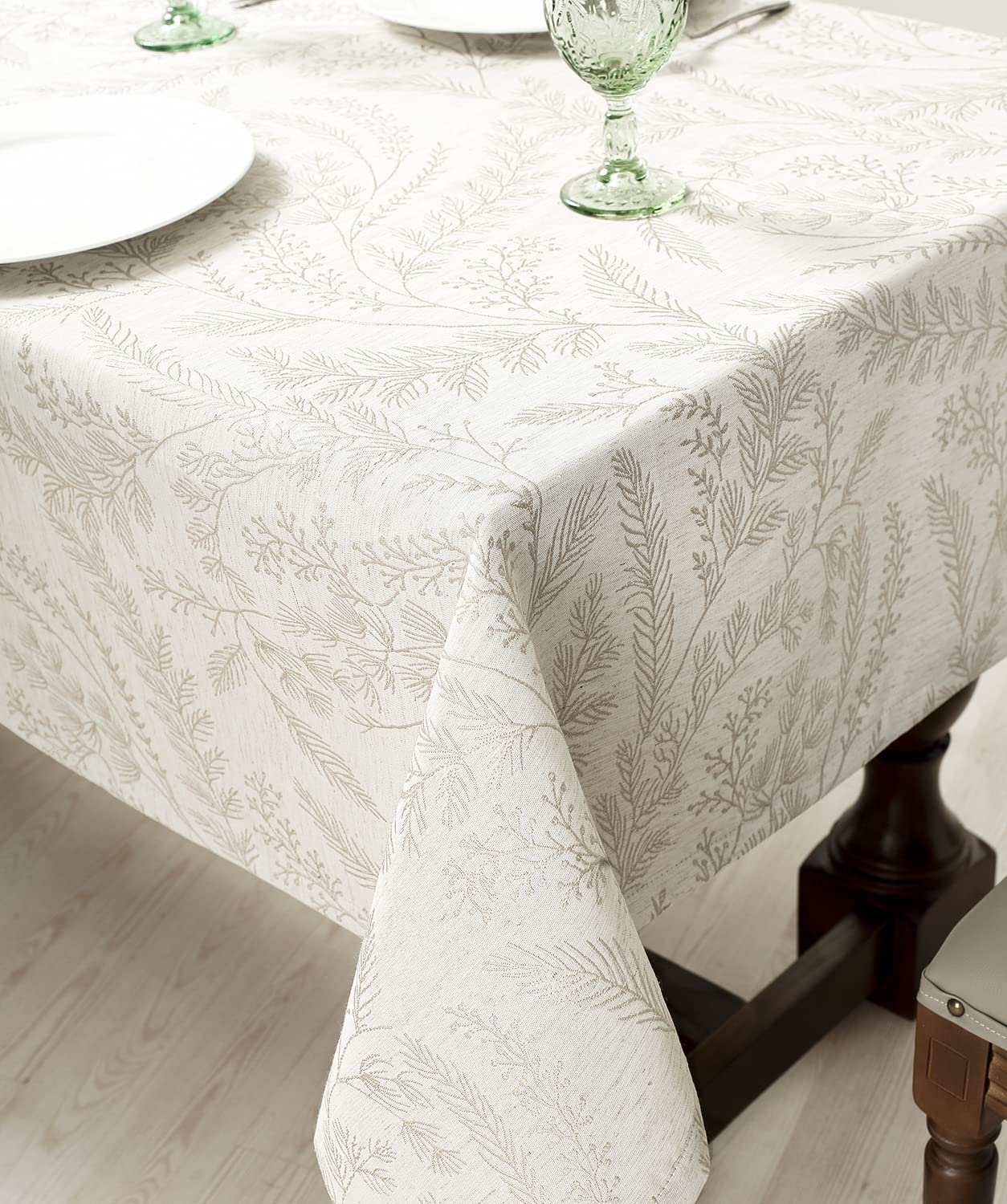 Chassic cream tablecloth shows stain-resistance during a casual meal.