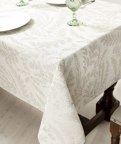 Chassic cream tablecloth shows stain-resistance during a casual meal.