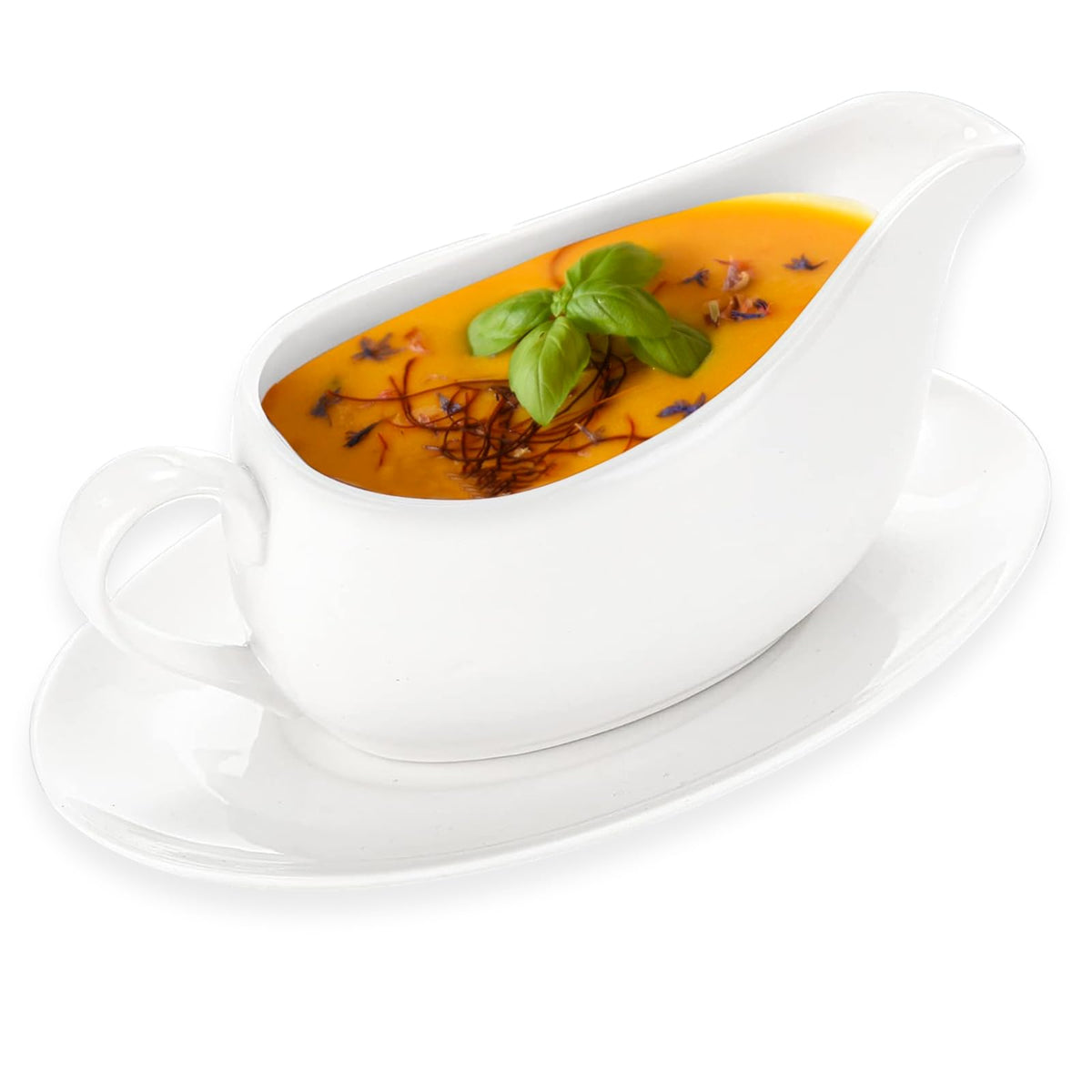 Cheardia gravy boat with tray for steady, drip-free serving of sauces