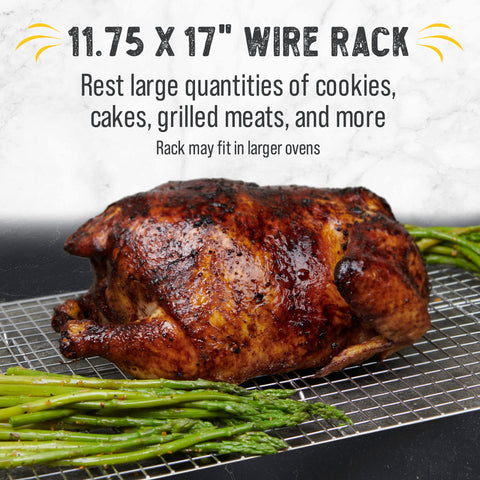 Checkered Chef cooling rack placed on a pan for elevated cooking