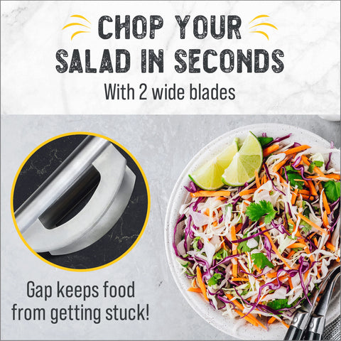 Checkered Chef mezzaluna knife with dual blades for fast slicing and reduced clogging.