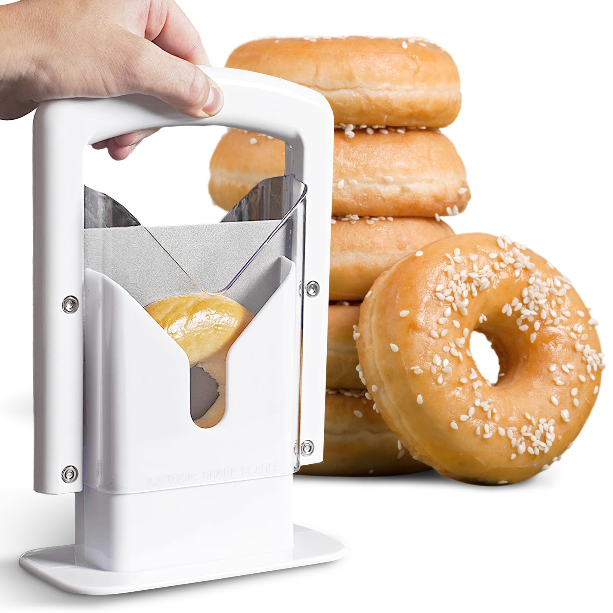 Cheer Collection bagel slicer blade closeup with a sharp serrated edge for clean cuts.