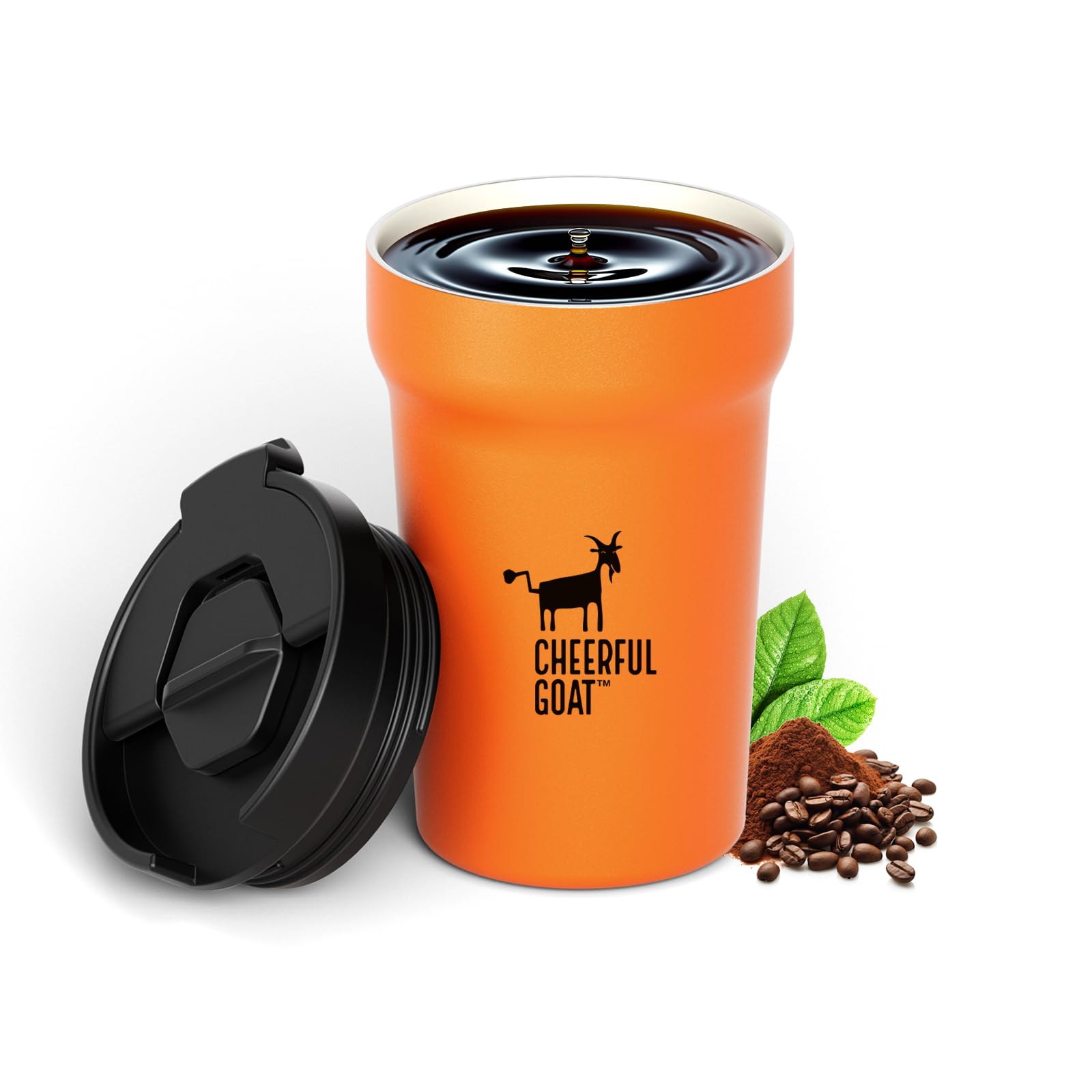 CHEERFUL GOAT insulated mug front view in orange showing compact 12oz size
