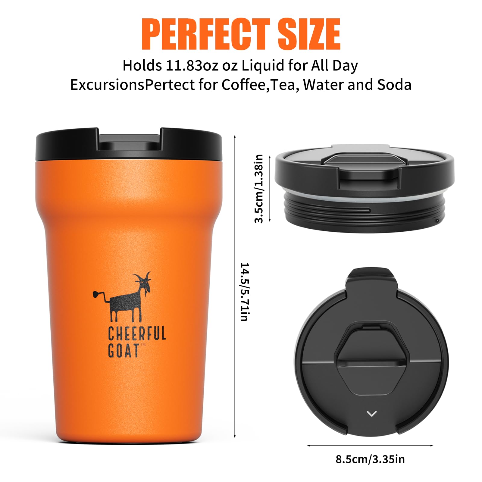 CHEERFUL GOAT mug with lid open for quick one-handed access