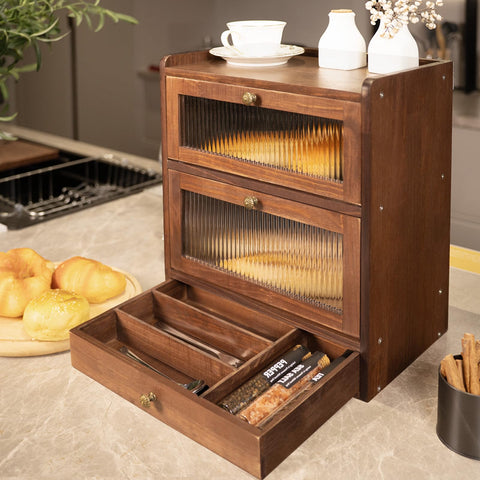 CheerNest bread box front view on solid pine for durable countertop storage.