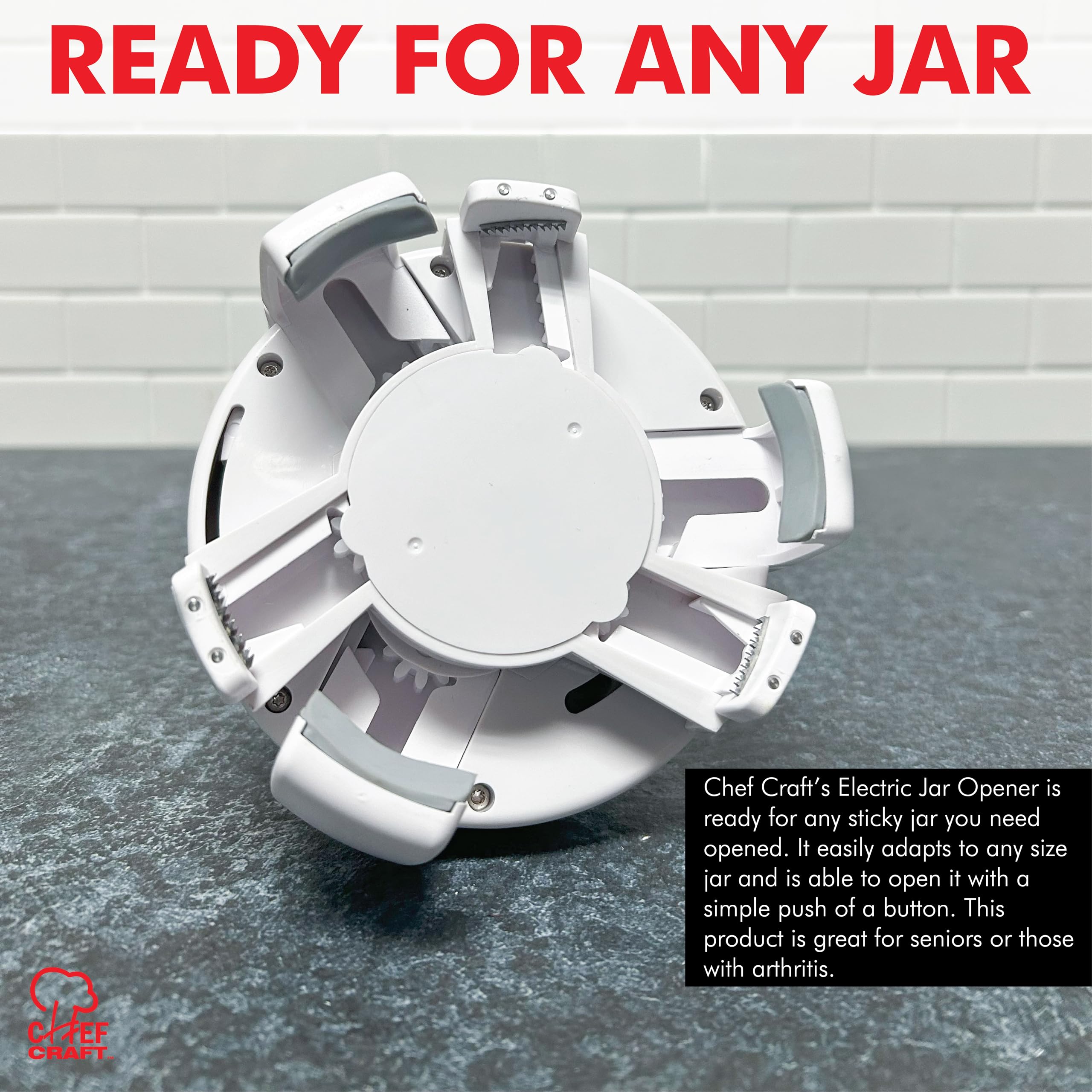 Chef Craft Electric Jar Opener battery-powered, batteries not included, for cordless convenience.