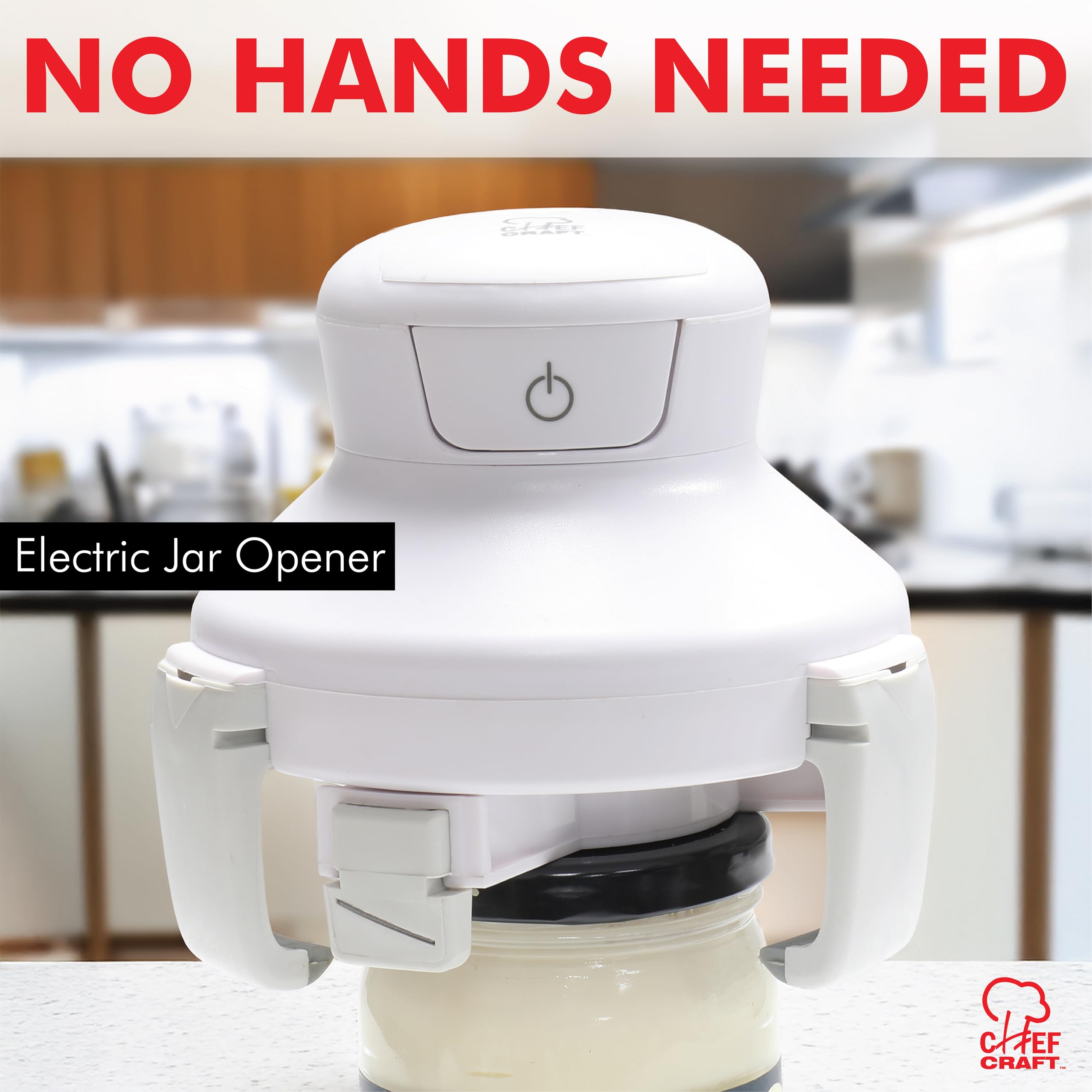 Chef Craft Electric Jar Opener with extra arm provides added stability for confident jar openings.