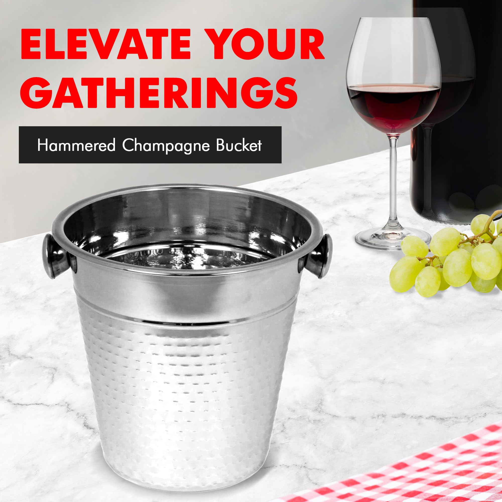 Chef Craft hammered champagne bucket demonstrates 4-qt capacity for one bottle with ice.