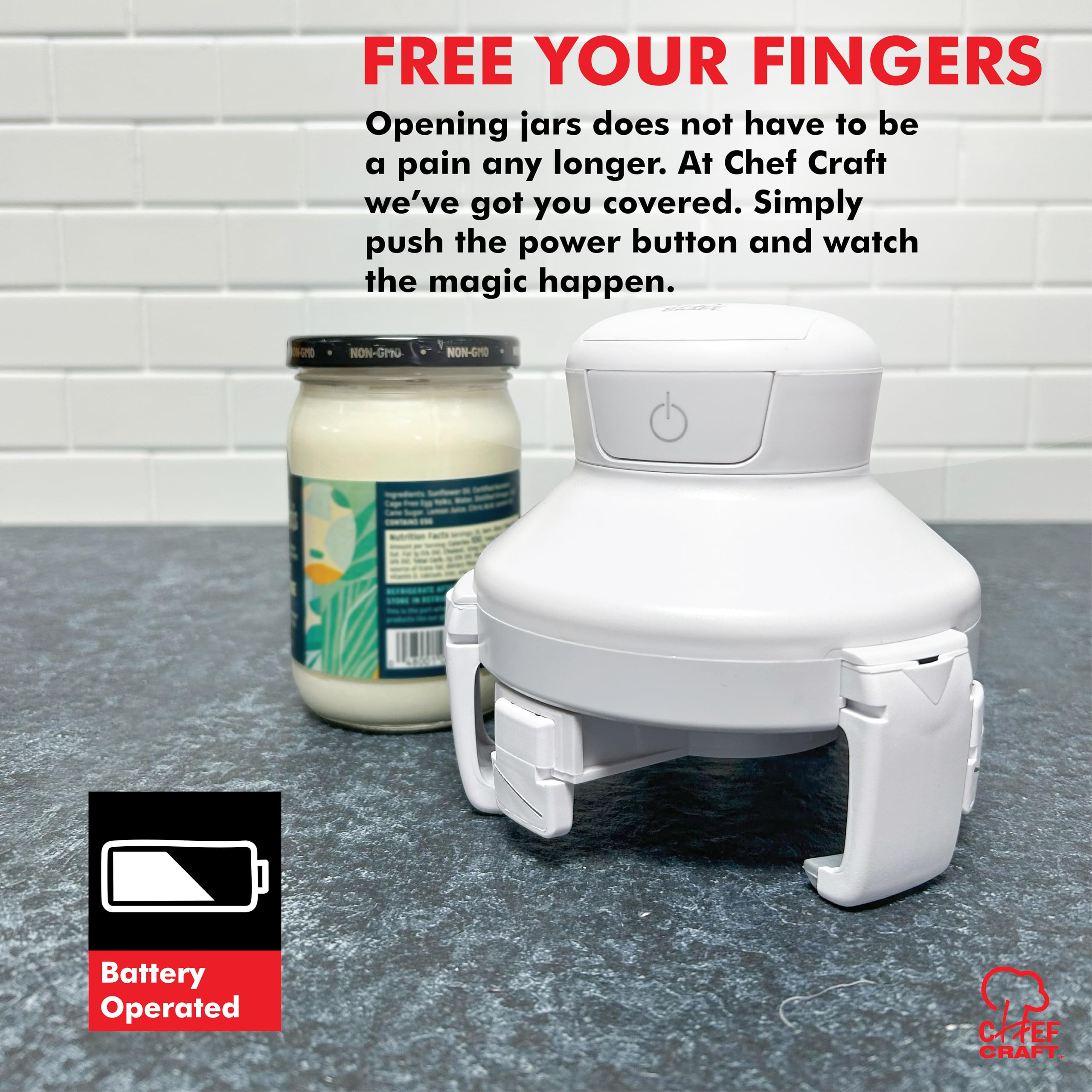 Chef Craft Hands-free Electric Jar Opener operates with a single button for effortless use.