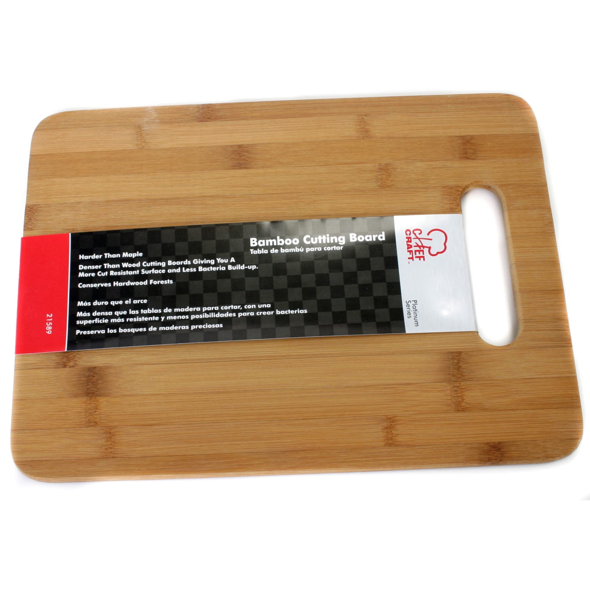 Chef Craft Select bamboo cutting board with knife in action for clean slices.