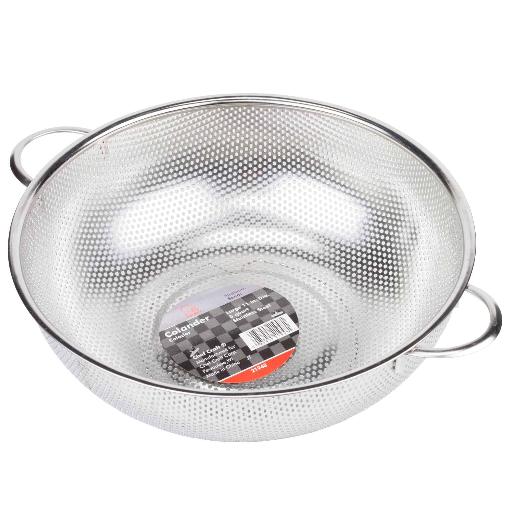 Chef Craft Select colander's perforated mesh ensures quick, mess-free straining.