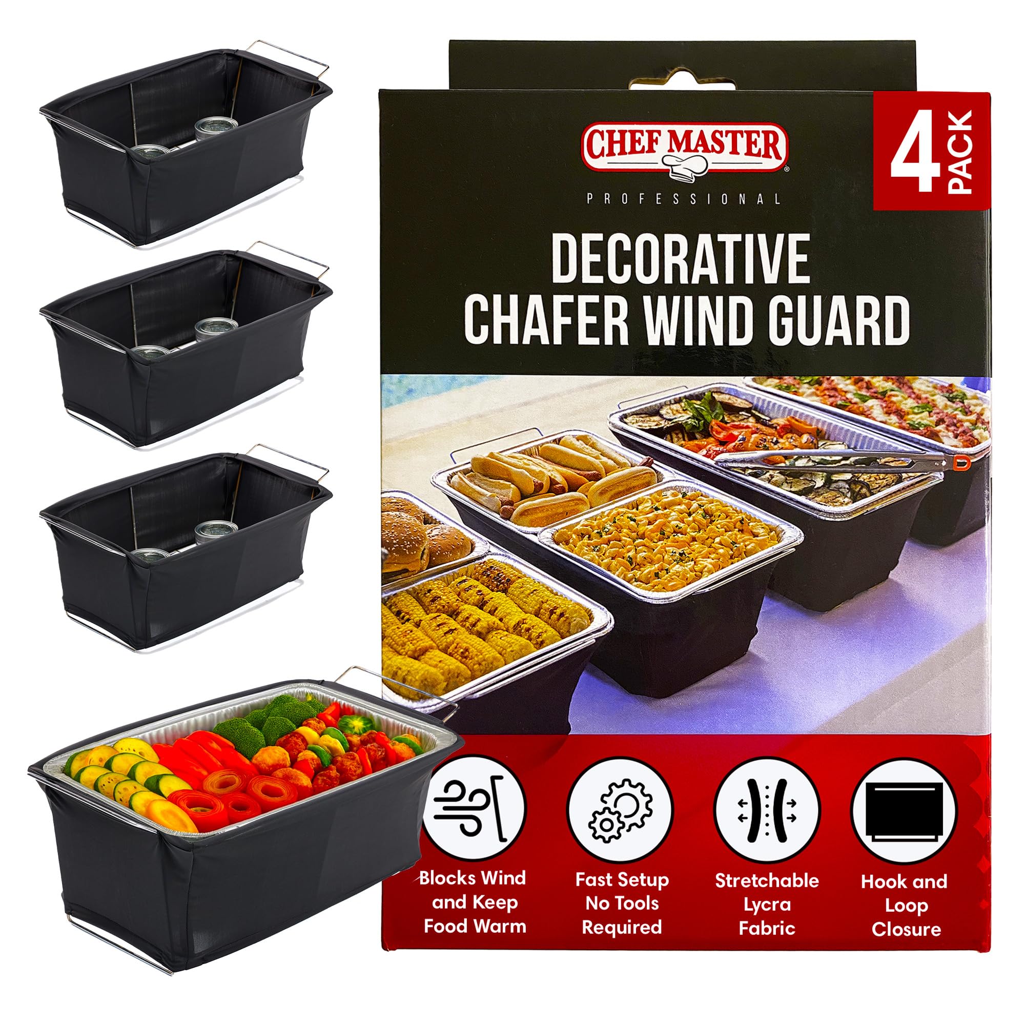 Chef Master 4-pack chafer wind guard cover shields chafing dishes from drafts while keeping heat steady.