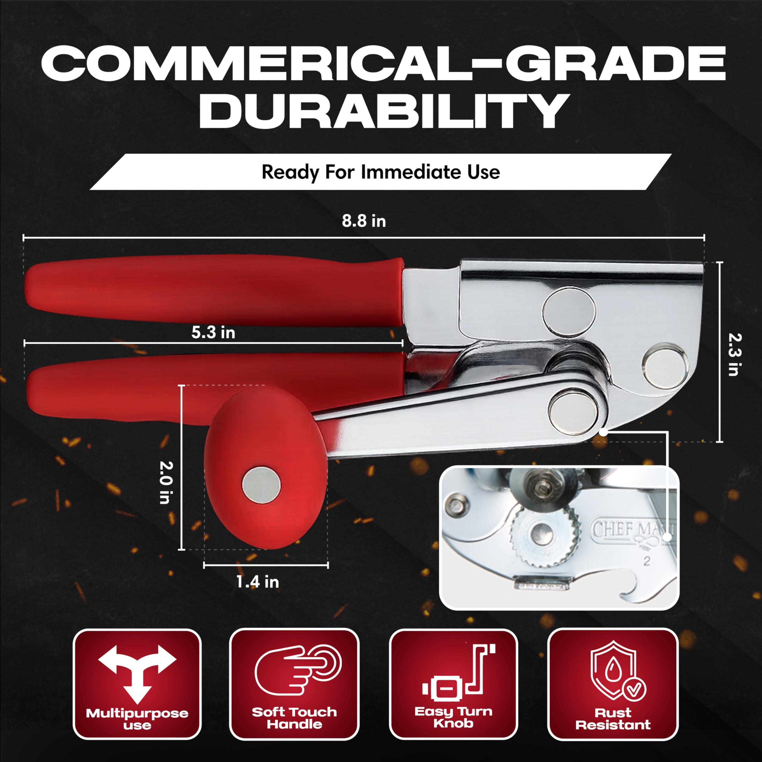 Chef Master can opener anti-slip grip close-up for secure operation.