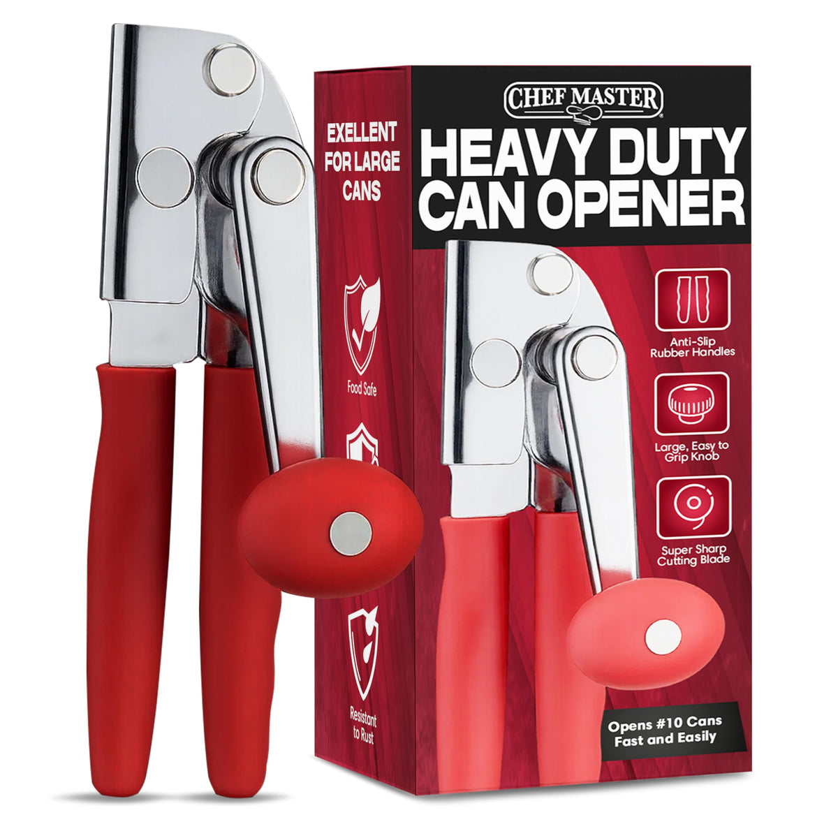 Chef Master heavy-duty can opener with ergonomic handle for comfortable use.