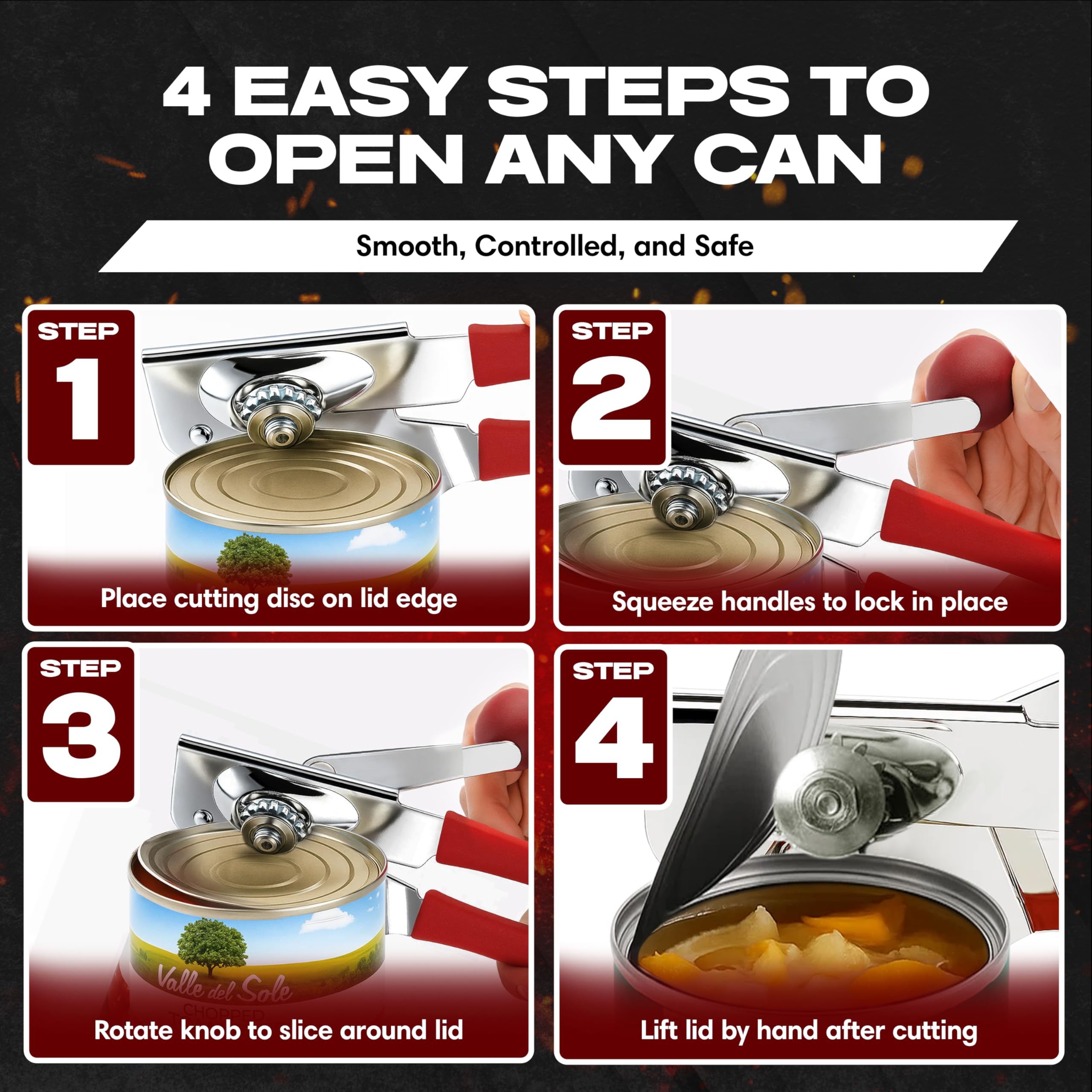 Kitchen setting featuring Chef Master commercial can opener in action.