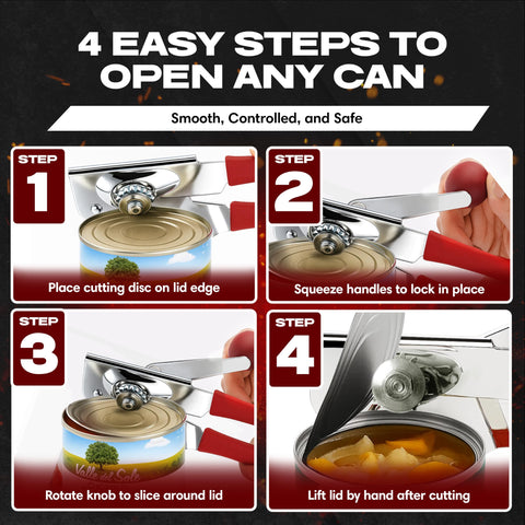 Kitchen setting featuring Chef Master commercial can opener in action.