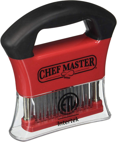 Chef Master tenderizer blade close-up highlighting sharp stainless steel blades for precise tenderizing.