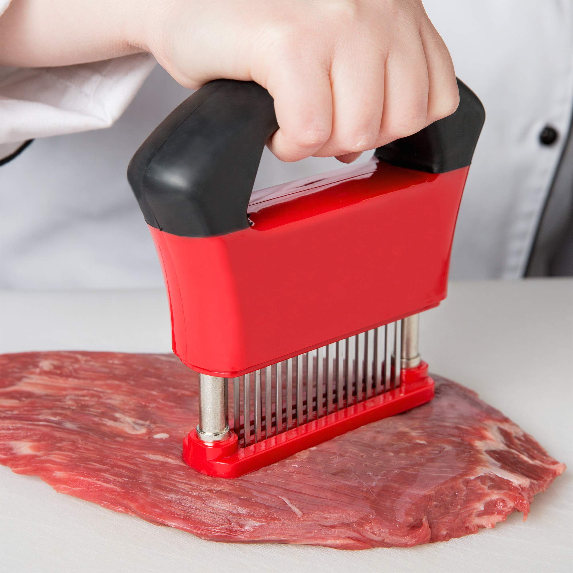 Chef Master safe design keeps hands away from blades during tenderizing prep.