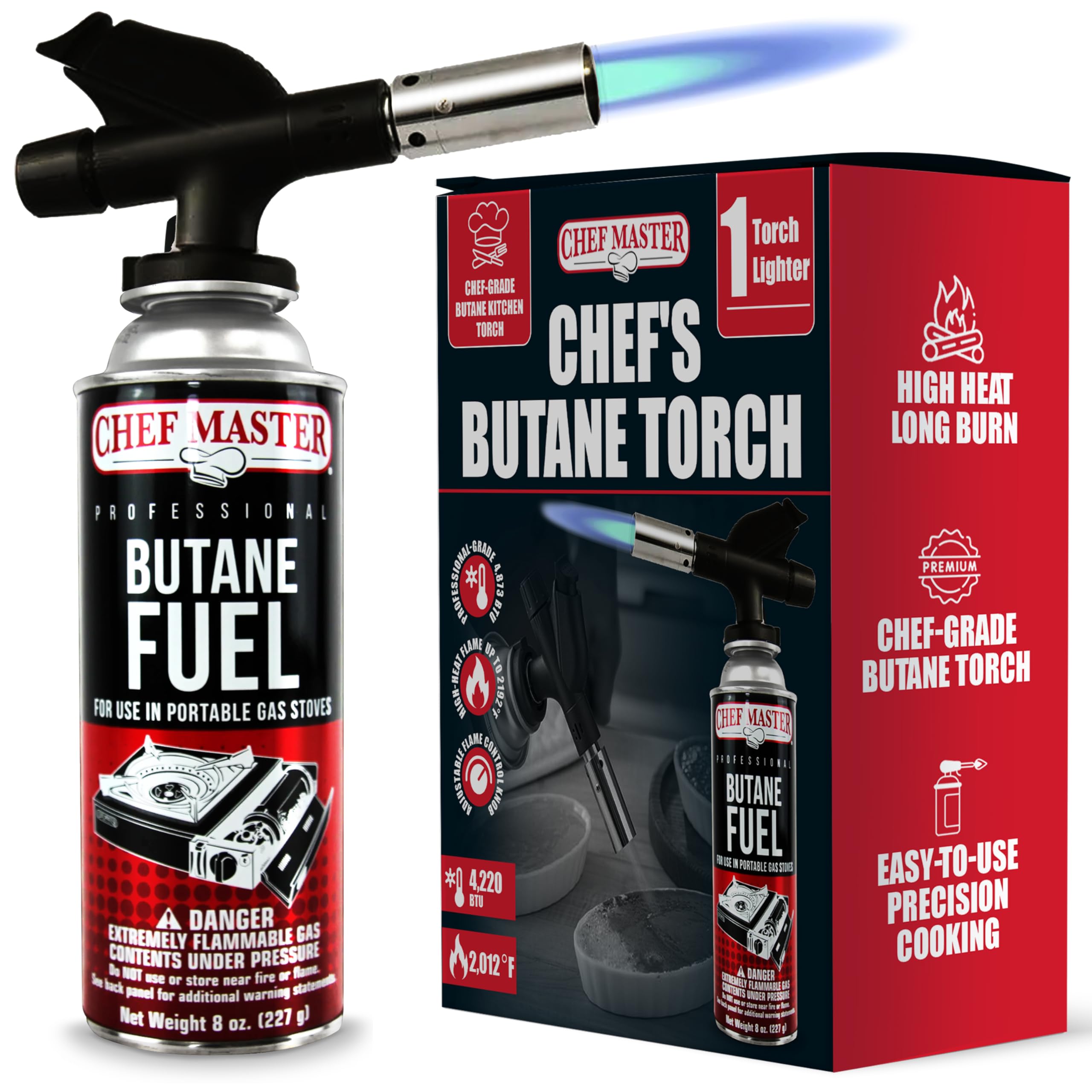 Chef Master torch with adjustable flame for precise caramelization and searing.
