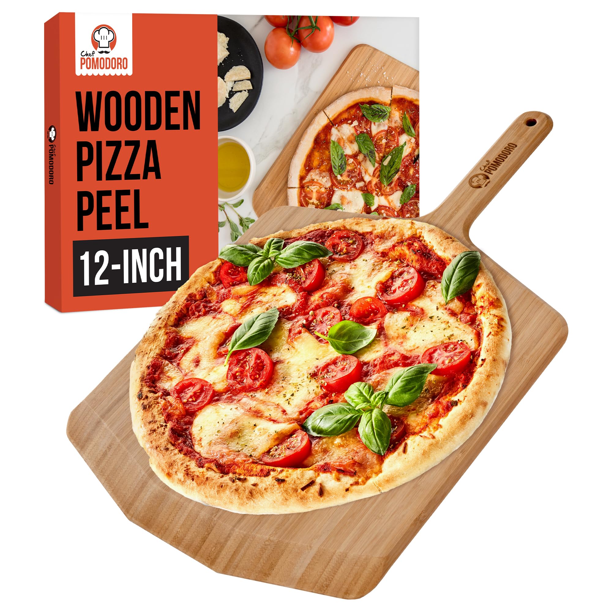 Chef Pomodoro 12-inch pizza peel with handle for safe oven transfers.