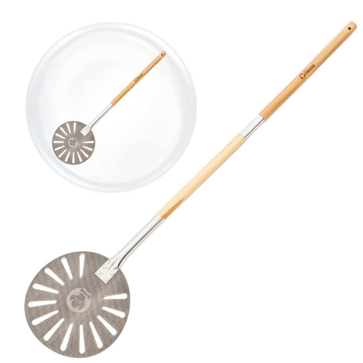 Chef Pomodoro 9in aluminum pizza peel head ready for easy pizza rotation.