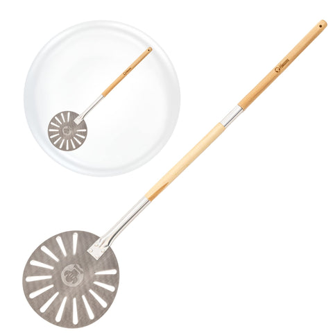 Chef Pomodoro 9in aluminum pizza peel head ready for easy pizza rotation.