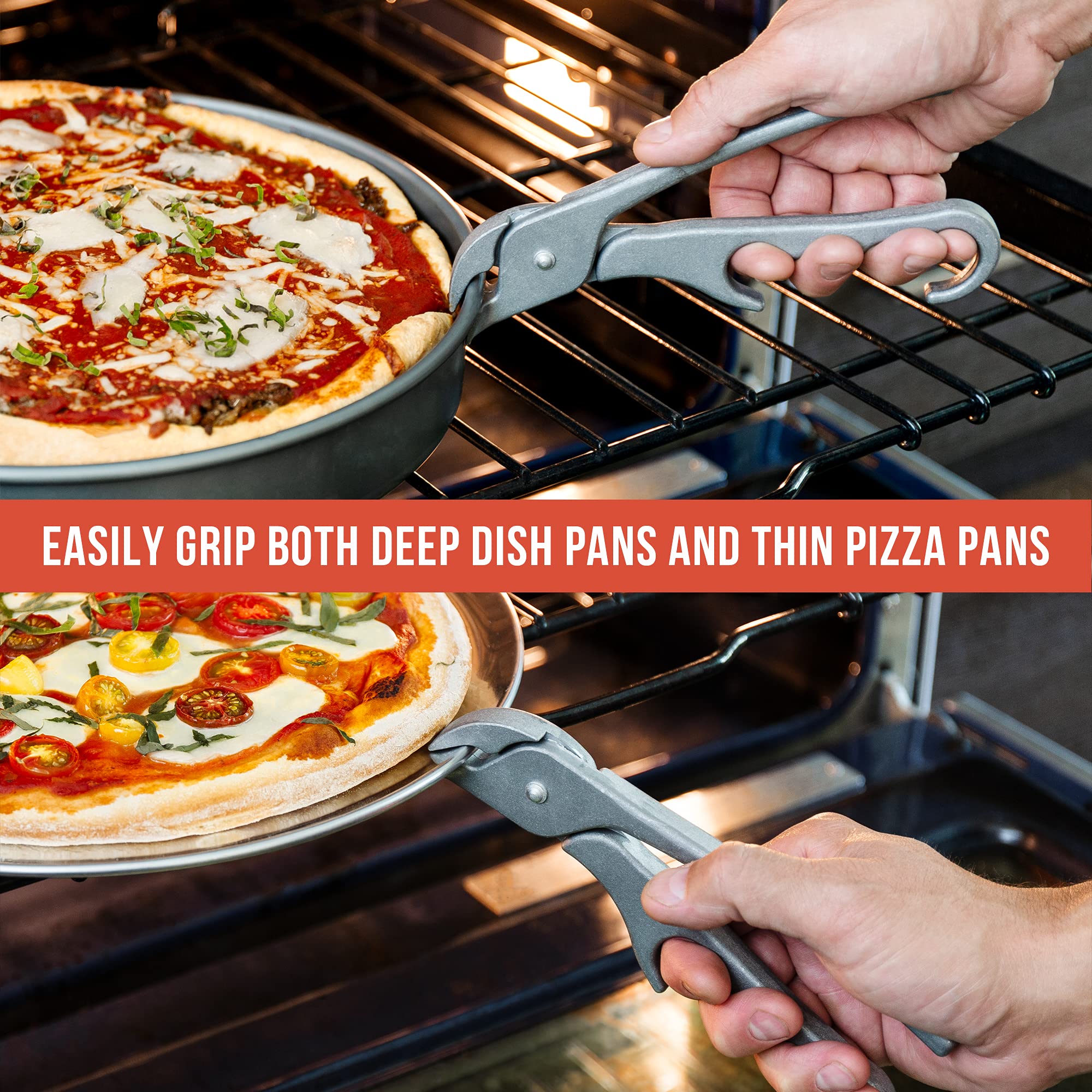 Chef Pomodoro oven grill ready tool keeps hands safe during pot and pizza handling.